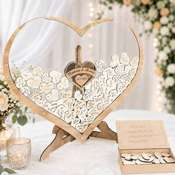 80 piezas Libro de firmas de boda DIY Corazón de madera Marco de fotos de mesa Decoración para fiesta de boda Cumpleaños Día de San Valentín