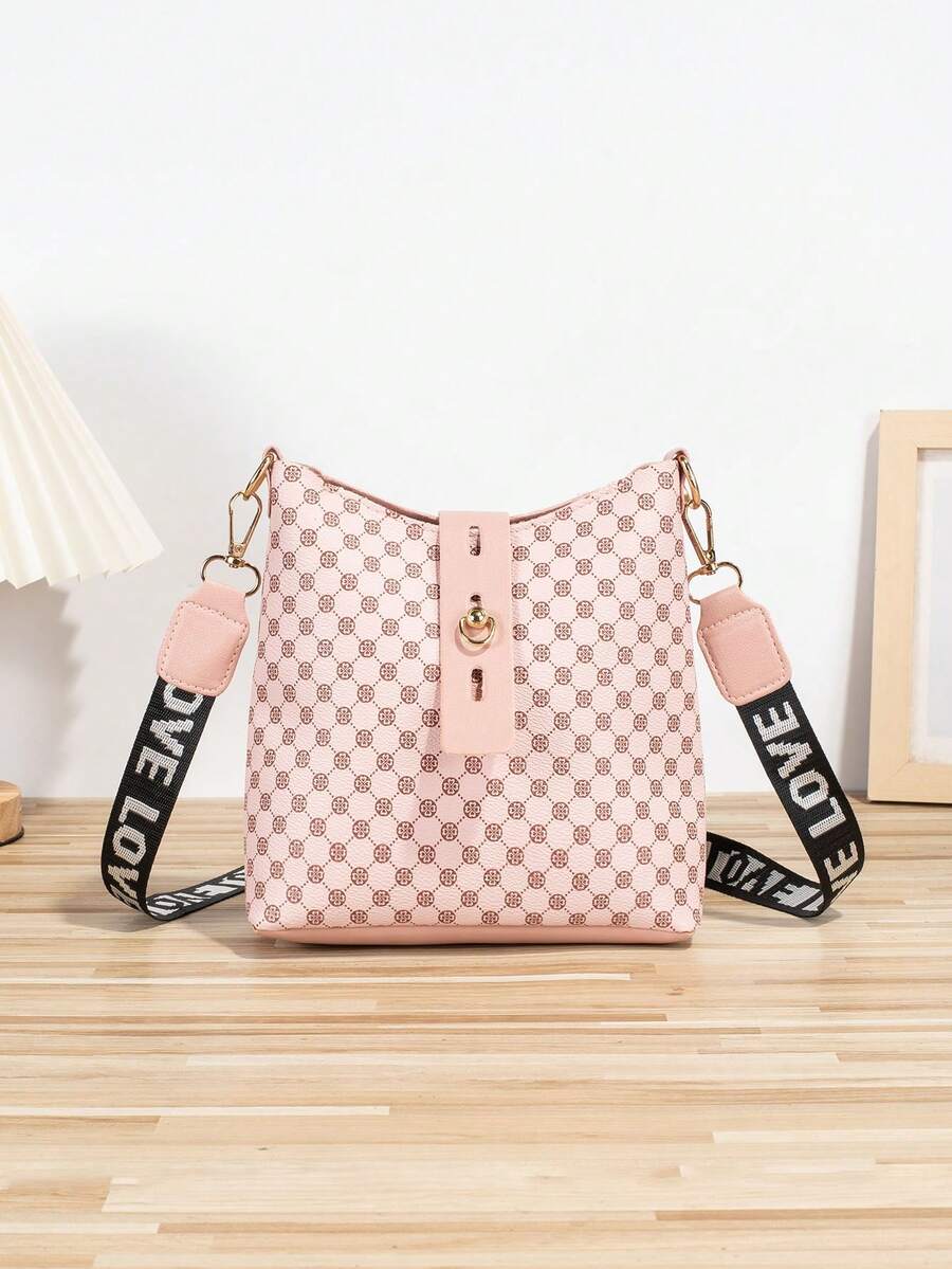 Bolso bandolera de unicolor con decoración metálica, estilo minimalista casual, con relieve de cocodrilo y correa de tela - Rosa - Ver 1