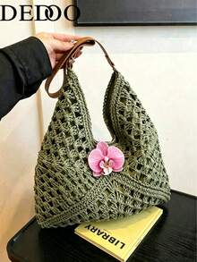 Dedoo Women's Crochet Bohemian Large Capacity Shoulder Bag, Beaded Coconut Tree Pattern, Leather Handle, Suitable For Summer (Random Pendant Hook) - Green - View 7