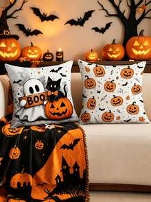 1/4pcs New Halloween Pattern Pillowcase, Halloween-Themed Cushion Cover, Decorative Pillowcase, Square Pillowcase, Halloween Decoration, Decorative Pillow, Suitable For Living Room, Sofa, And Bedroom Party Decoration, Pillow Insert Not Included - Multicolor - View 8
