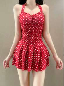 Red Polka Dot Retro Halter Neck One-Piece Swimsuit. A Body-Shaping Swimsuit That Enhances The Bust And Features An Open Back, Perfect For Hot Springs, The Beach, And Everyday Wear. - Multicolor - View 7
