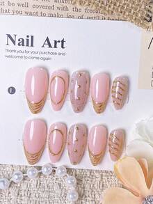 10pcs Handmade Almond Shaped Nail Stickers, Multi-Layer Paris Style Design, Gold Border, Pink Base Color, Silver Cat Eye, Metallic Polka Dot Circles, Elegant And Luxurious, Suitable For Women And Girls Daily Wear And Party - Multicolor - View 1