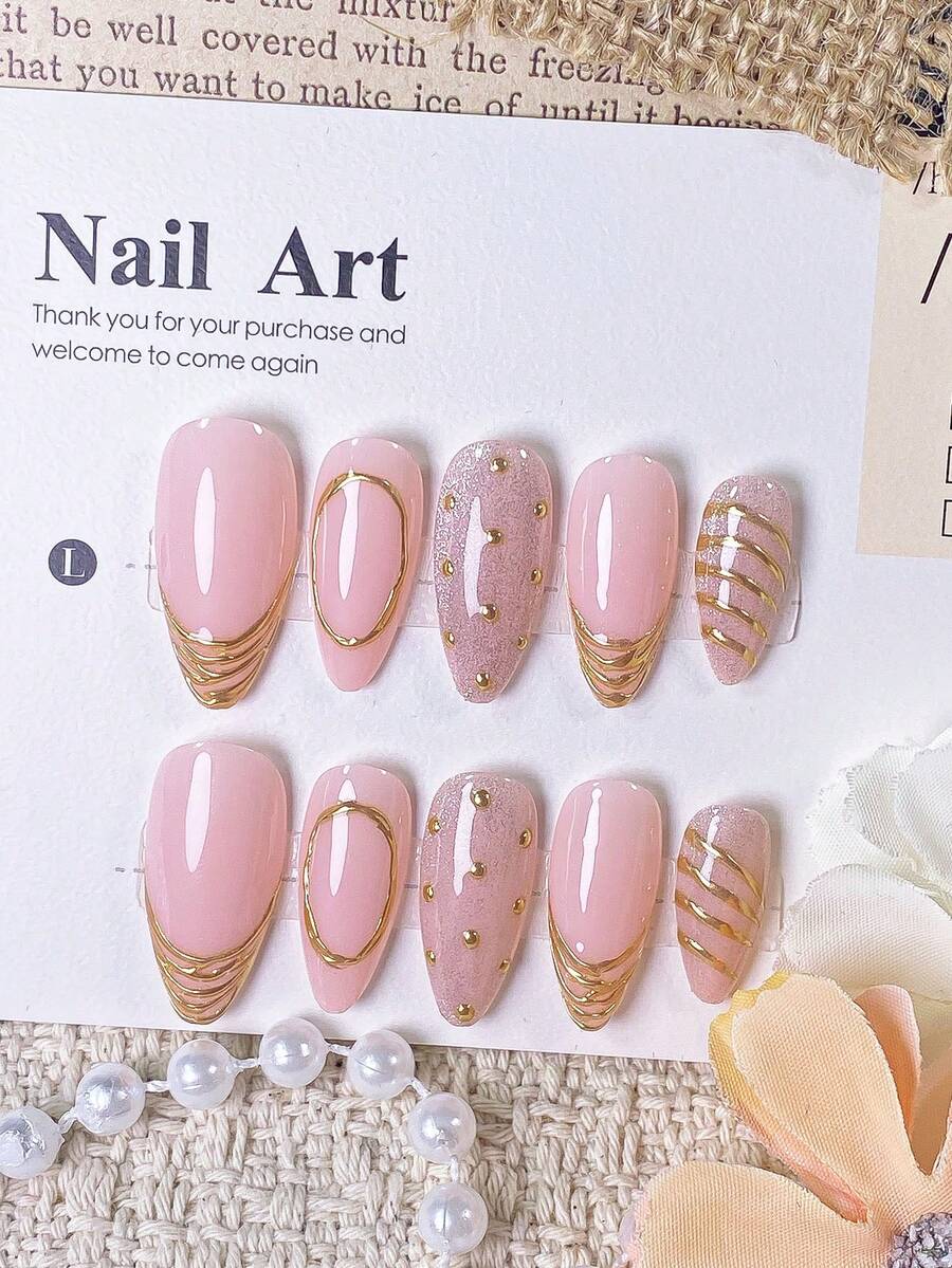 10pcs Handmade Almond Shaped Nail Stickers, Multi-Layer Paris Style Design, Gold Border, Pink Base Color, Silver Cat Eye, Metallic Polka Dot Circles, Elegant And Luxurious, Suitable For Women And Girls Daily Wear And Party - Multicolor - View 1