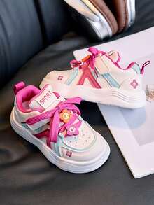 1 Pair White & Pink Colorblock Girls' Floral Decor Sneakers, Sweet Style, Suitable For Daily School And PE Class Training - Hot Pink - View 5