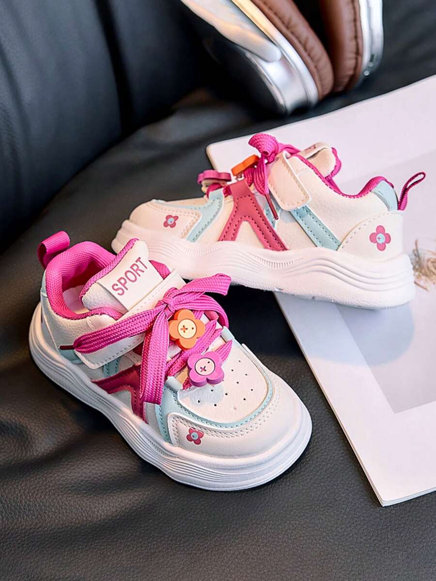 1 Pair White & Pink Colorblock Girls' Floral Decor Sneakers, Sweet Style, Suitable For Daily School And PE Class Training - Hot Pink - View 1