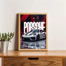 1件 白色 911 GT3 RS 無框畫布海報，紅色幾何背景大膽字母印花，車庫男士空間跑車牆飾，汽車愛好者禮物 - 911-C - 查看 3