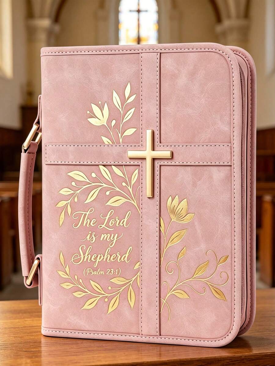 1pc Floral Cross Bible Cover With Zippered Handle – Inspirational "The Lord Is My Shepherd" Bible Organizer For Church, Bible Study & Religious Gift For Women - Pink - View 1