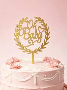3pcs Gold Mirror Acrylic Oh Baby Cake Toppers, Laurel Wreath Design, Elegant Cursive Lettering With Sticks, Cake Top Decoration, Suitable For Baby Shower, Gender Reveal Party, Celebration Cake Decor - A - View 2