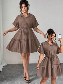 Vestido informal de estilo camisa de talla grande con detalles ricos - Marrón Mocha - Ver 1