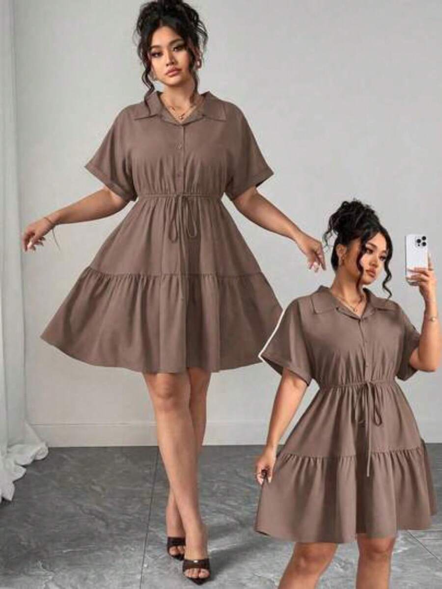 Vestido informal de estilo camisa de talla grande con detalles ricos - Marrón Mocha - Ver 1