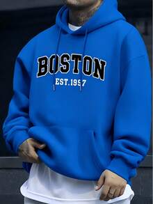 Men's Hoodie With BOSTON Letter Print, Casual Men's Sweatshirt. - 藍色 - 查看 7