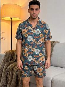 Men's 2-Piece Short Sleeve & Shorts Pajama Set, Comfortable Loungewear, Sunflower Fashion Casual Lapel Home Wear - Multicolor - View 4
