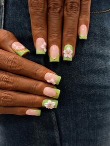 10pcs/Set Y2K Nails Handmade, Pink Nails, Green Cat's Eye Nails, Green French Tip Nails, 3D Pink Flowers Nails, Perfect For Parties & Daily Wear. Short Square Nails. Handmade Press On Nails Square, Fake Nails, Acrylic Nails, Short Nails, Summer Nails - Multicolor - View 4
