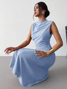 Vestido mini plisado de línea A elegante, minimalista, delicado, romántico y dulce para uso diario, boda, fiesta, festival de música y vacaci - Verde Oscuro - Ver 2