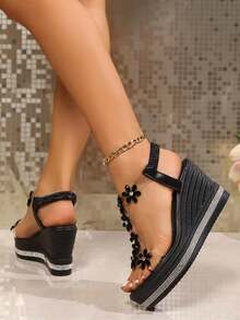 Summer Autumn New Wedge Heel Fashion Versatile Sandals Butterfly Pearl Decor - Black Flower - View 4