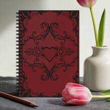 1本哥德式螺旋筆記本－深色學院風日誌，優雅黑色花卉與愛心設計搭配深紅底色，適合記錄筆記、辦公與學校用品 - H - 查看 1