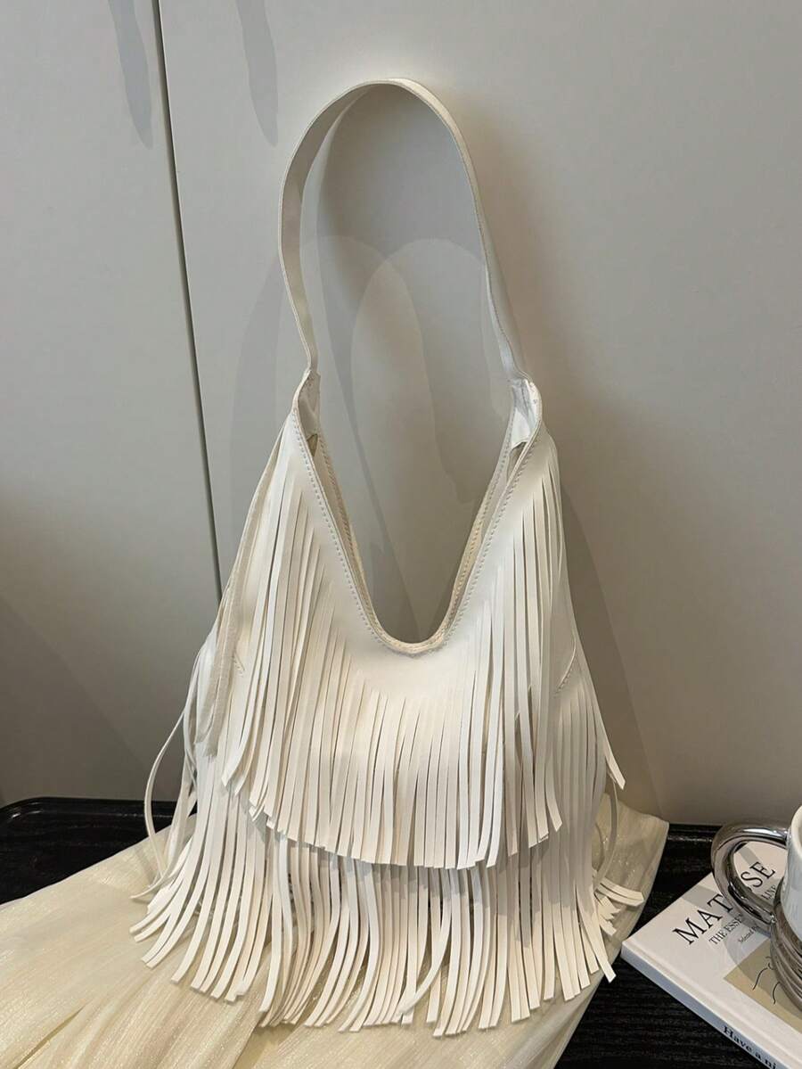 1pc Solid Color Suede Fringe Shoulder Bag, Vintage Fashion Large Capacity Commuter Bag, High-Quality Textured Stylish Shoulder Bag
