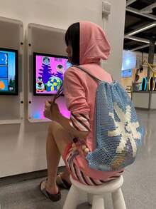 Japanese & Korean Style Niche Design INS Style Drawstring Bucket Backpack, Large Capacity Foldable Travel Backpack For Women & College Students, Outdoor Outings - Blue - View 7