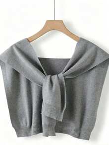 Cardigan châle de couleur unie pour femmes, écharpe-châle fine à faux col noué - Gris - Voir 2