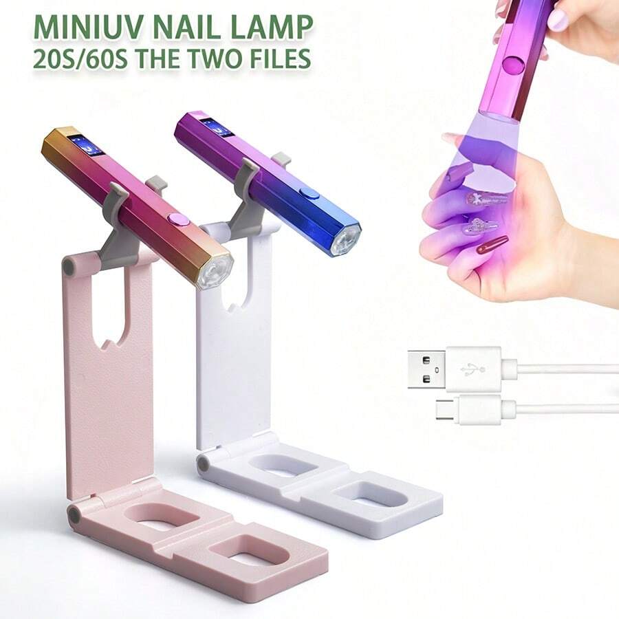 GANLAIX 可攜式美甲烘乾燈與美甲燈，可充電 3 合 1 UV LED 凝膠美甲固化燈，附支架與 Type-C 傳輸線，180mAh 快速凝膠指甲油烘乾機，美甲用品禮品套裝