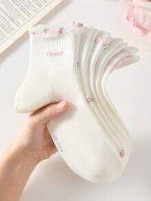 4/5Pairs Women's Solid Color, Ruffle Trim, Cable Knit Print Crew Socks Mid-Calf Socks, Soft And Comfortable, Suitable For All Seasons, Random Colors - Multicolor - View 11