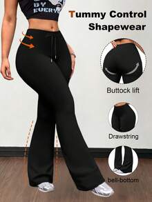 1pc Women's Drawstring Flare Pants, Elegant Fashion Long Pants, Waist Drawstring Design, Teacher Back To School Outfit Black - Black - View 3