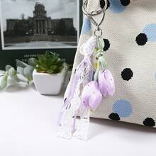 1pc Sweet Tulip Zinc Alloy Keychain With Lace Ribbon Floral Bag Charm, Suitable For Daily Bags - Multicolor - View 7