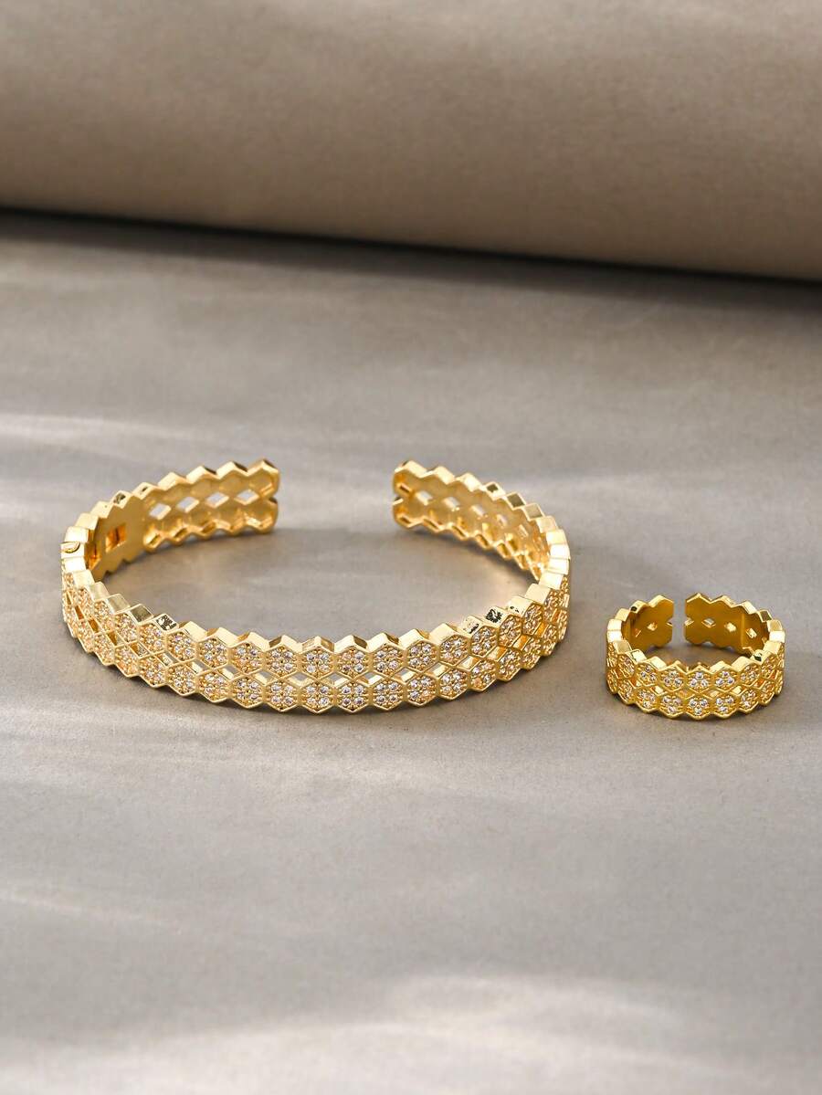 Juego de brazaletes dorados, cobre texturizado versátil con incrustaciones de circonita, adecuado para uso diario, reuniones, citas, fiestas, regalos - Dorado - Ver 1