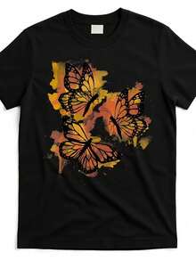 Vibrant Monarch Butterfly Print, Lightweight And Breathable, Short Sleeve, Round Neck, Casual T-Shirt For Everyday Wear, Outdoor Sports, Spring/Summer/Autumn, Sizes XL - 5XL - 黑色 17 - 查看 1
