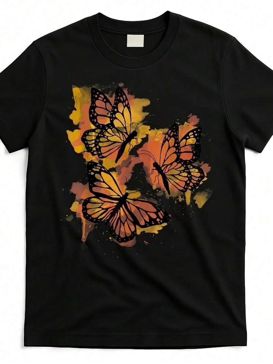 Vibrant Monarch Butterfly Print, Lightweight And Breathable, Short Sleeve, Round Neck, Casual T-Shirt For Everyday Wear, Outdoor Sports, Spring/Summer/Autumn, Sizes XL - 5XL - 黑色 17 - 查看 1