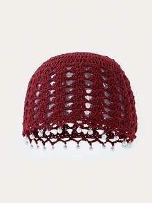 1pc Handmade Bohemian Style Literary Thin Breathable Knitted Hollow Out Beaded Beanie Hat For Women - Multicolor - View 9