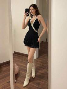 Vestido elegante sin mangas de encaje y malla en contraste con cuello halter, estilo boho country occidental para el verano - Negro - Ver 4