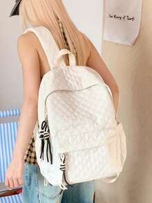 1 pieza Mochila acolchada de nylon de gran capacidad para mujer, decoración de borlas, mochila preppy casual minimalista, adecuada para estudiantes, escuela, regreso a clases, compras, uso diario - Multicolor - Ver 2