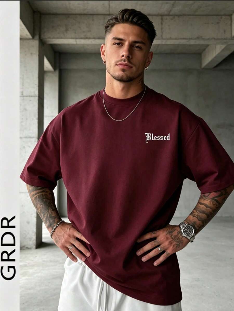 GRDR Men's Retro American Style Minimalist Letter Washed Round Neck Short Sleeve T-Shirt, Comfortable & Breathable For Summer - Burgundy - View 1