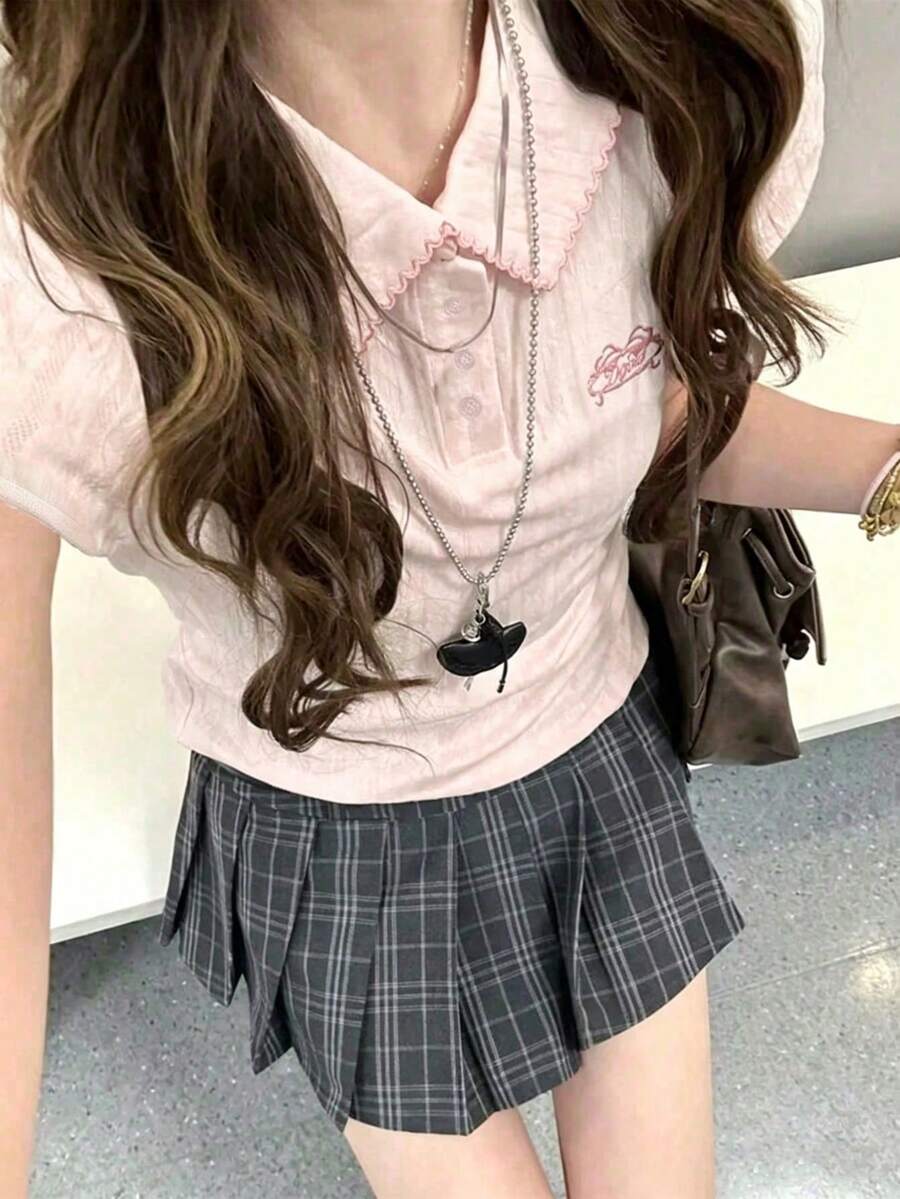女款提花學院風 Polo 領短袖 T 恤,夏季粉色休閒,Clean Girl 風格 - 粉色 - 查看 1