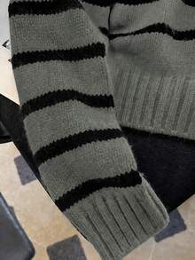 New Arrival Women Casual Striped Contrast Color Lapel Long Sleeve Knit Sweater - Grey - View 5