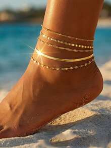 5-Piece Gold Multi-Layered Bohemian-Style Snake Bone Chain Anklet Set, Adjustable Summer Beach Accessories. - Gold - View 2