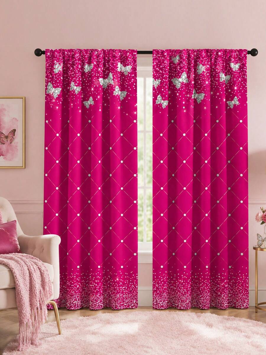 2pcs Fuchsia Sequin Diamond Curtains,Sparkling Bow Rod Pocket Drapes,Y2K Style Bedroom Decor,Modern Luxury Living Room Curtains,Bling Glitter Window Treatments,Party Home Decor - Multicolor - View 1