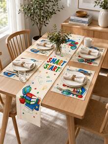 1pc-Back To School Table Runner And Placemats Set, Beige Smart Start Linen Dining Decor With Books, Globe, Apple, Pencil And Paper Plane For Teacher Classroom, Study Room And Home Table - Multicolor - View 4