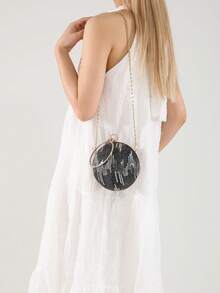 Round Ball Clutch Bag, Sequin Wave Pattern, Rhinestone Round Handle, Detachable Chain Shoulder Strap, Crossbody & Hand-Carry, Suitable For Women's Party, Ball, Wedding, Summer - Black - View 2