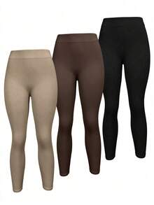 3pcs Women's Ribbed Seamless Leggings, Non-See-Through High Waist Tummy Control Yoga Pants Fall - Multicolor - View 2