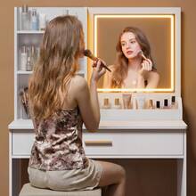 Makeup Vanity Desk With Mirror And Lights, Vanity Table With Storage Drawer And Open Shelves, Dressing Vanity For Bedroom, White - White - View 7
