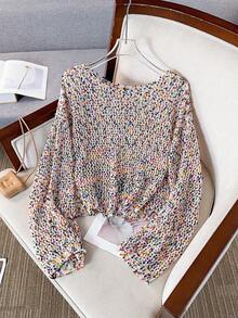 1pc Contrast Color New Design Niche High-End Elegant Unique Elegant Top Hollow Long Sleeve Round Neck Gentle Style Casual Knit Sweater Vacation - Multicolor - View 8