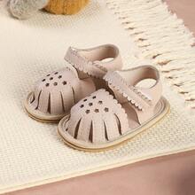 1 Pair Infant Shoes With Floral PU Lace Trim, Flat Sole, Simple Versatile Sandals For Summer - Apricot - View 6