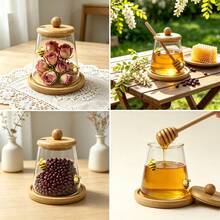Multi-Purpose Bee Glass Honey Jar With Honey Stirrer, Bamboo Lid And Wooden Base, Transparent Glass Container, Suitable For Honey, Coffee Beans, Tea Leaves And Floral Arrangements - Multicolor - View 1