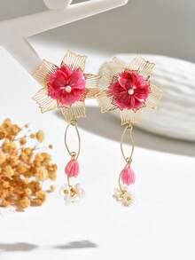 1 Pair Elegant Vintage Exaggerated Sexy Bohemian Petal Flower DIY Handmade Woven Small Stone & Resin Tassel Pendant Earrings, New Lotus And Lake Blue Petal Styles Available, Suitable For Sexy Girls Party Holiday Festival Wear, Valentine's Day Gift, Small Stone Size Shape And Weight Variations Are Normal - Multicolor - View 3