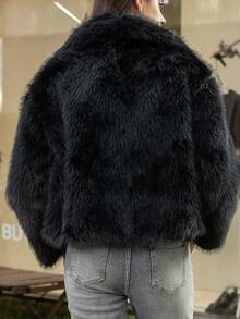 Women's Fashion Faux Fur Long Sleeve Cardigan, Comfortable Plush Solid Color Regular Fit Autumn/Winter Jacket, Casual Daily Commute - Black - View 2
