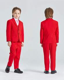 Boys 5 Piece Slim Fit Solid Formal Suit Set, Jacket Vest Pants Dress Shirt Tie Ring Bearer Outfit - 紅色 - 查看 2