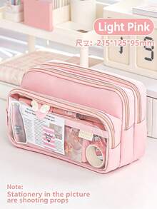 1pc Cute Pink Pencil Case With Transparent Window, Multi-Layer Large Capacity Stationery Organizer Bag, Waterproof Zipper Storage, First Day Of School - Multicolor - View 1