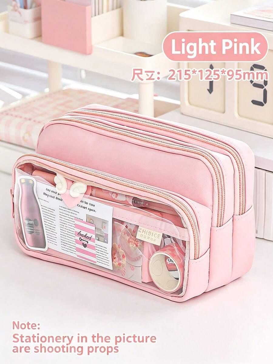 1pc Cute Pink Pencil Case With Transparent Window, Multi-Layer Large Capacity Stationery Organizer Bag, Waterproof Zipper Storage, First Day Of School - Multicolor - View 1